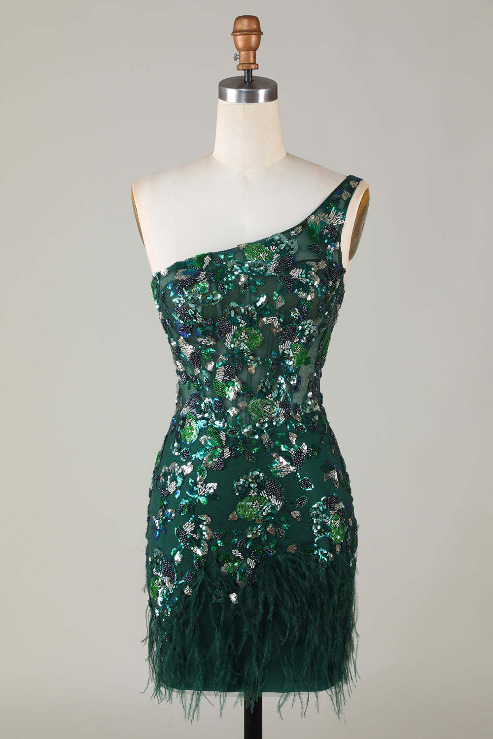 Bodycon One Shoulder Green Sequins Short Cocktail Dress With Feather
