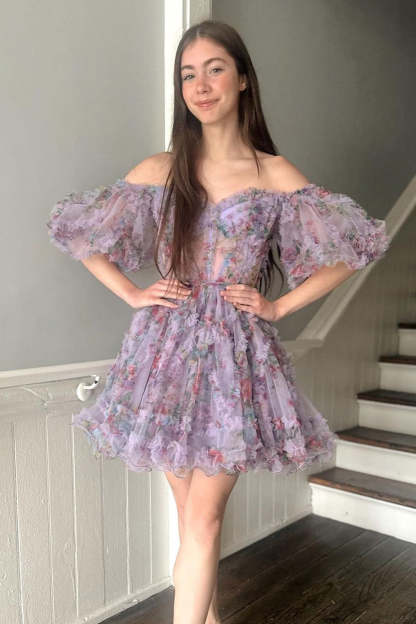 Cute A Line Off The Shoulder Pink Printed Short Cocktail Dress