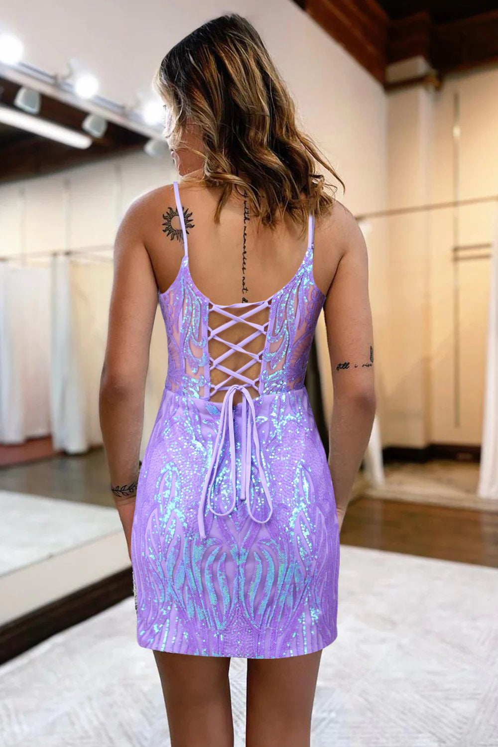 Sparkly Sheath Spaghetti Straps Lilac Sequins Short Cocktail Dress With Criss Cross Back
