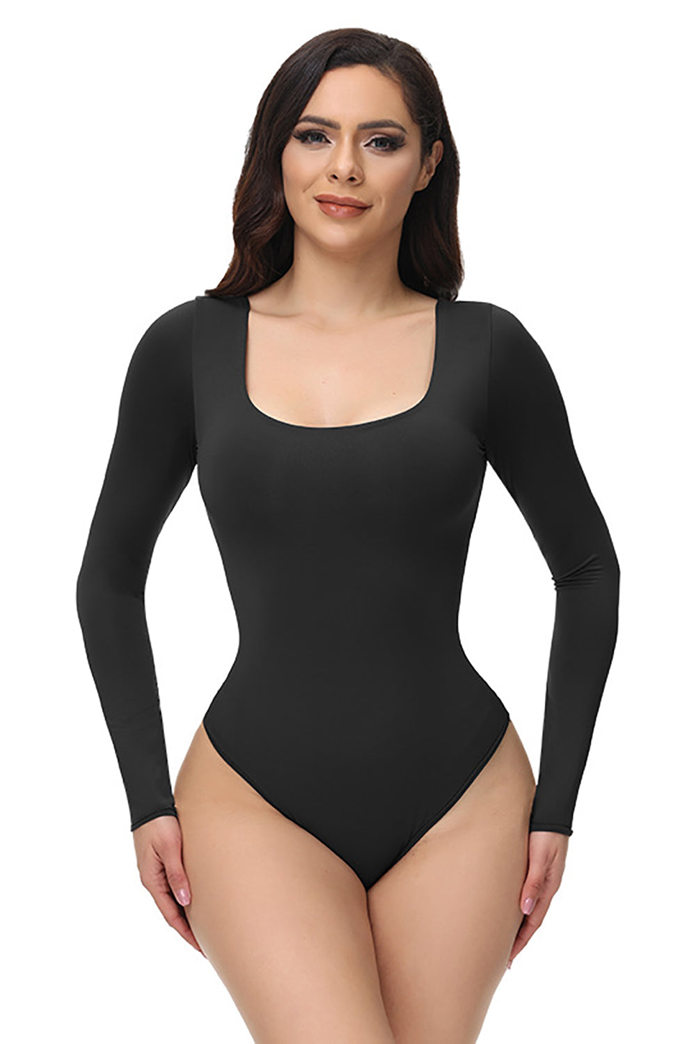 Scoop Neck Shapewear with Tummy Control in Black Long Sleeves