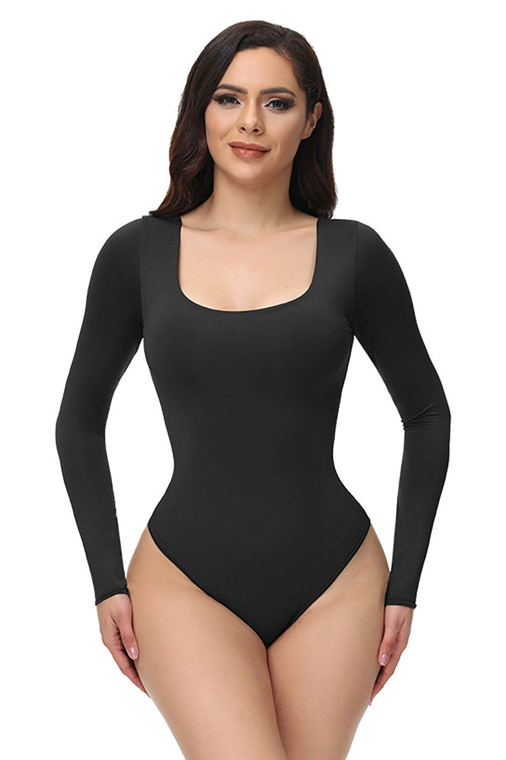 Scoop Neck Shapewear with Tummy Control in Black Long Sleeves