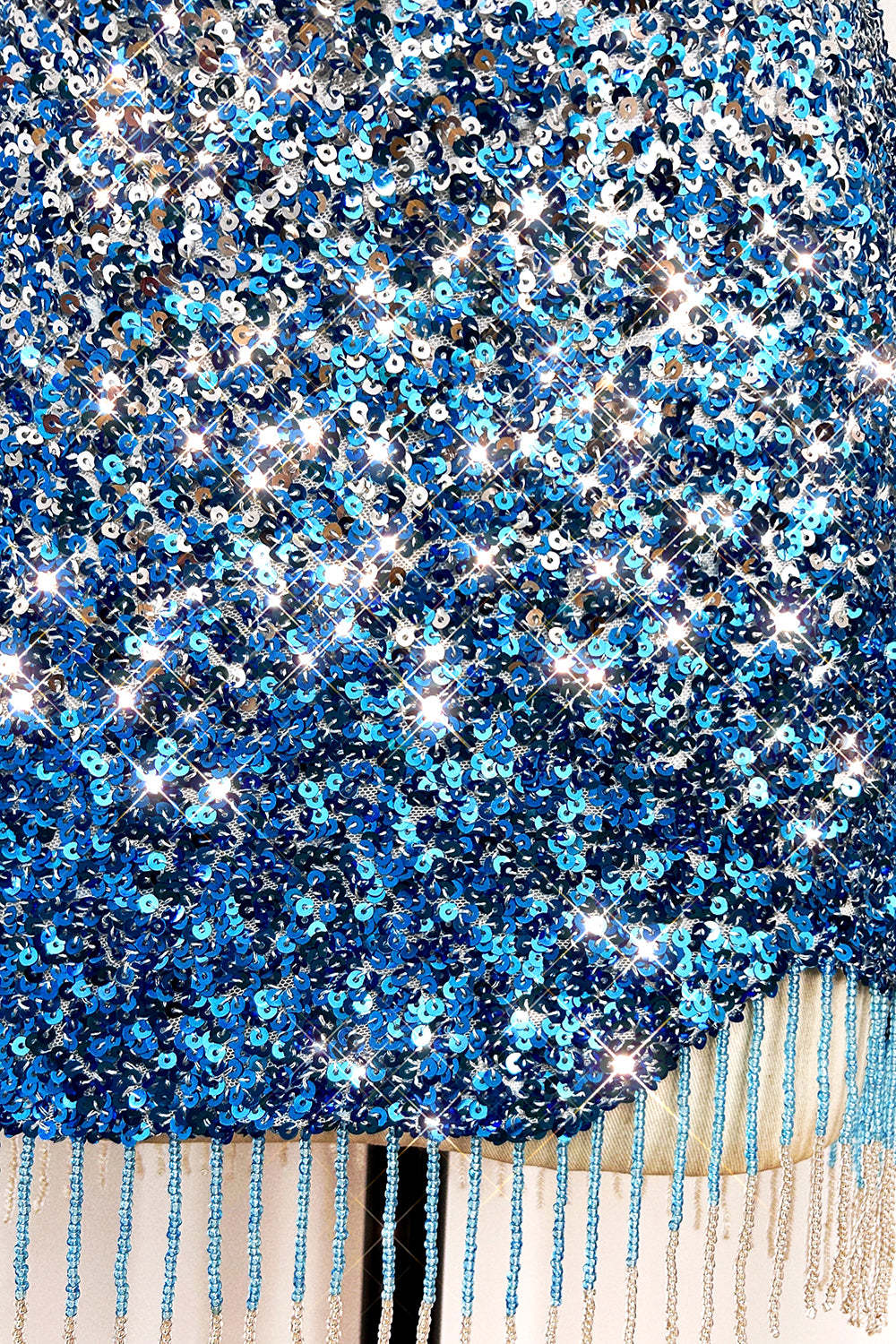 Sparkly Bodycon Spaghetti Straps Blue Sequins Short Cocktail Dress With Tassel