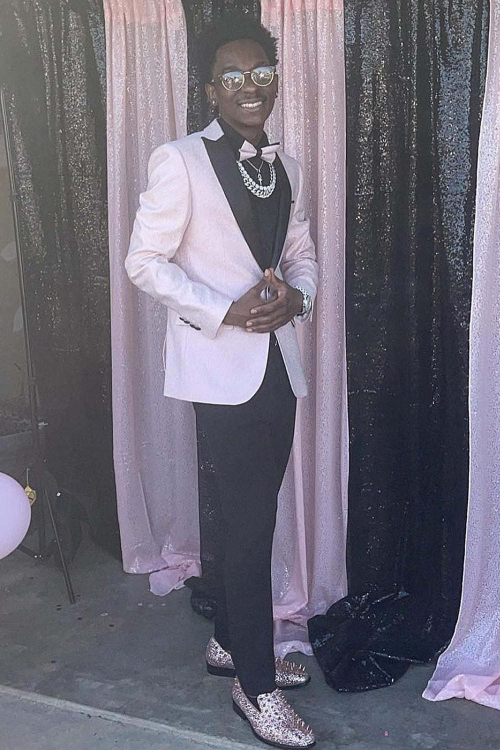 Men's Light Pink Prom Blazer with One-Button Peak Lapel Jacquard