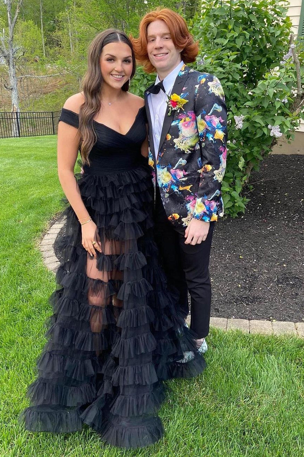 Black Printed Men's Homecoming Blazer with Peak Lapel and Single Button