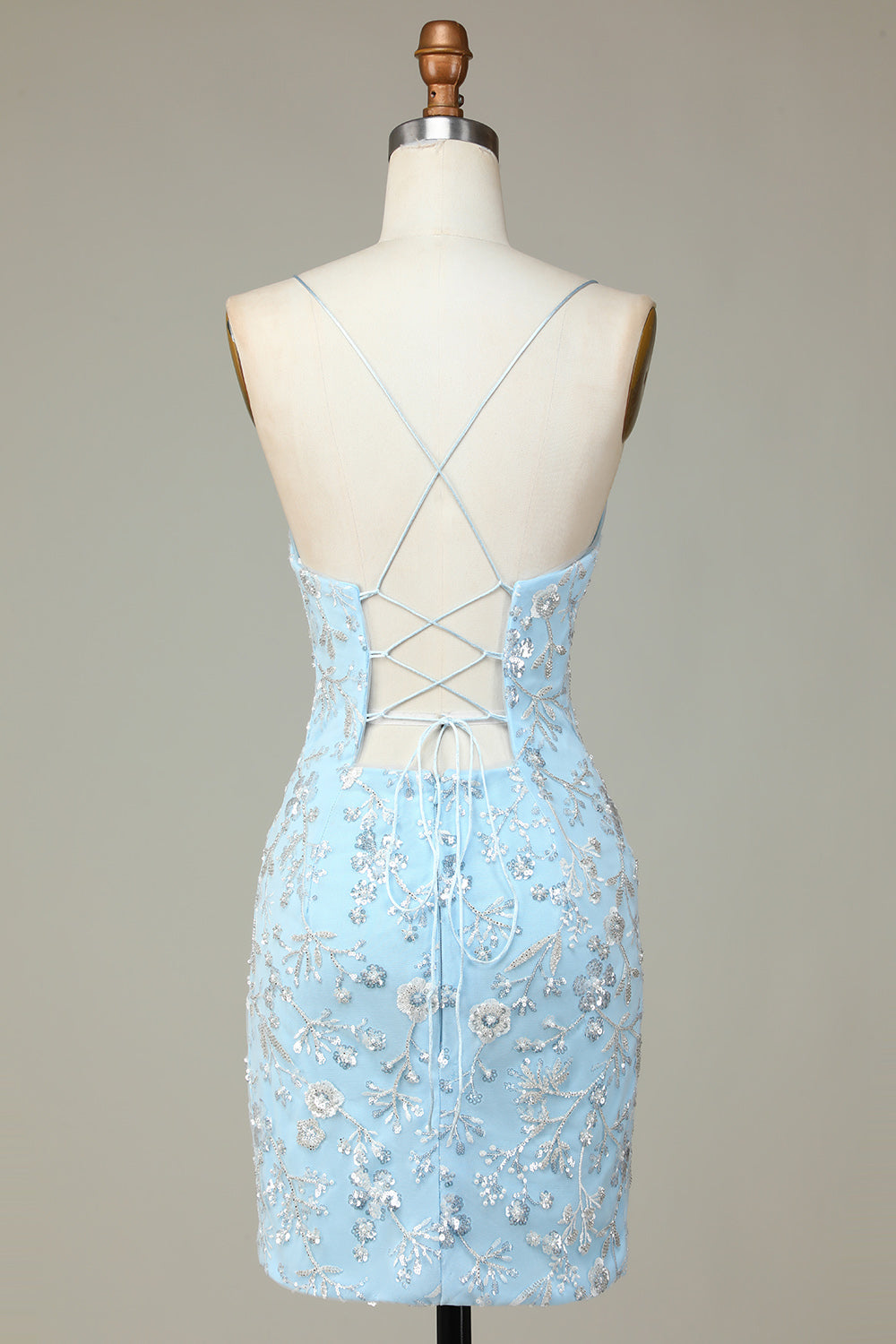 Stylish Bodycon Spaghetti Straps Light Blue Short Cocktail Dress With Beaded