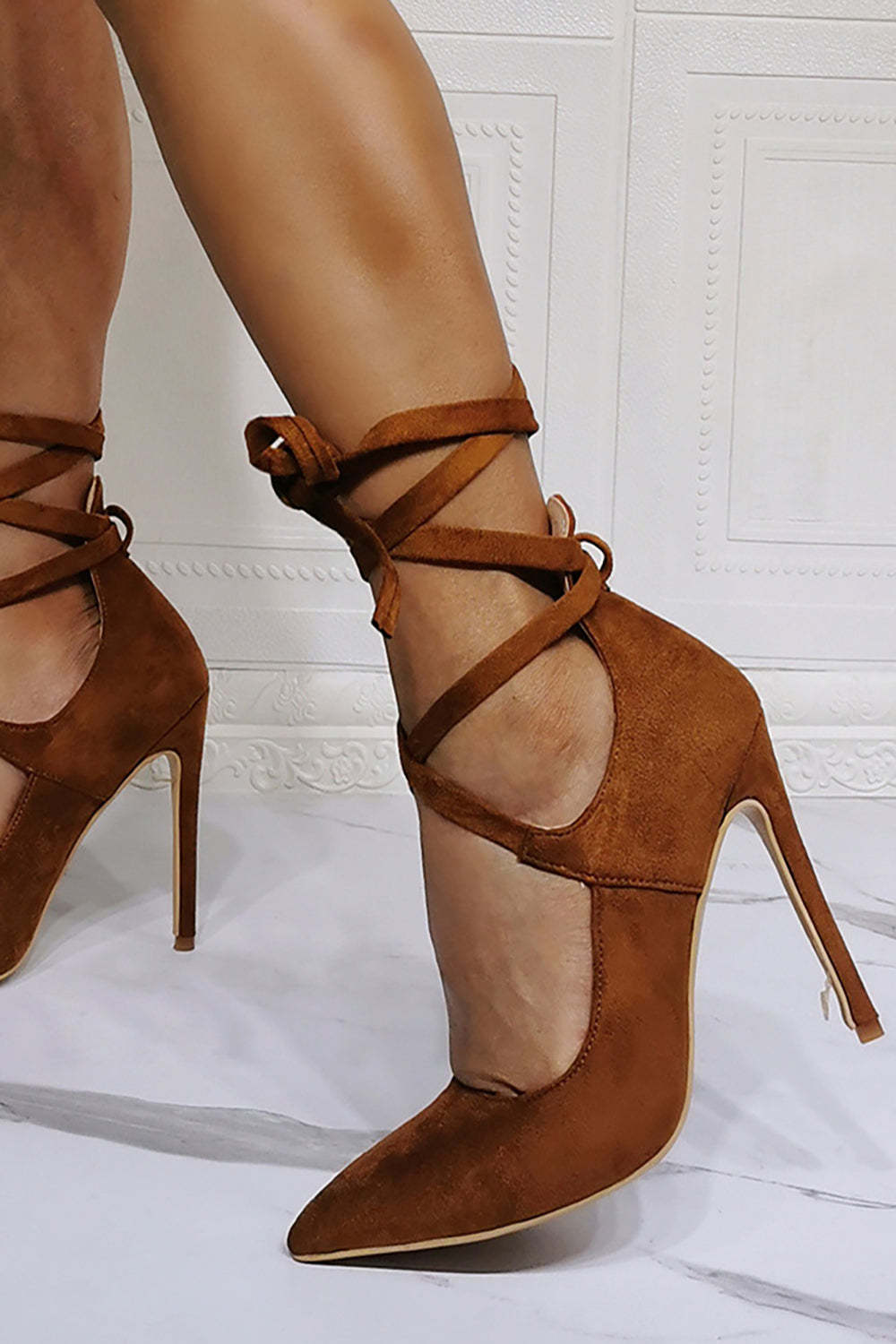 Pointed Toe Stiletto Shoes with Straps in Brown
