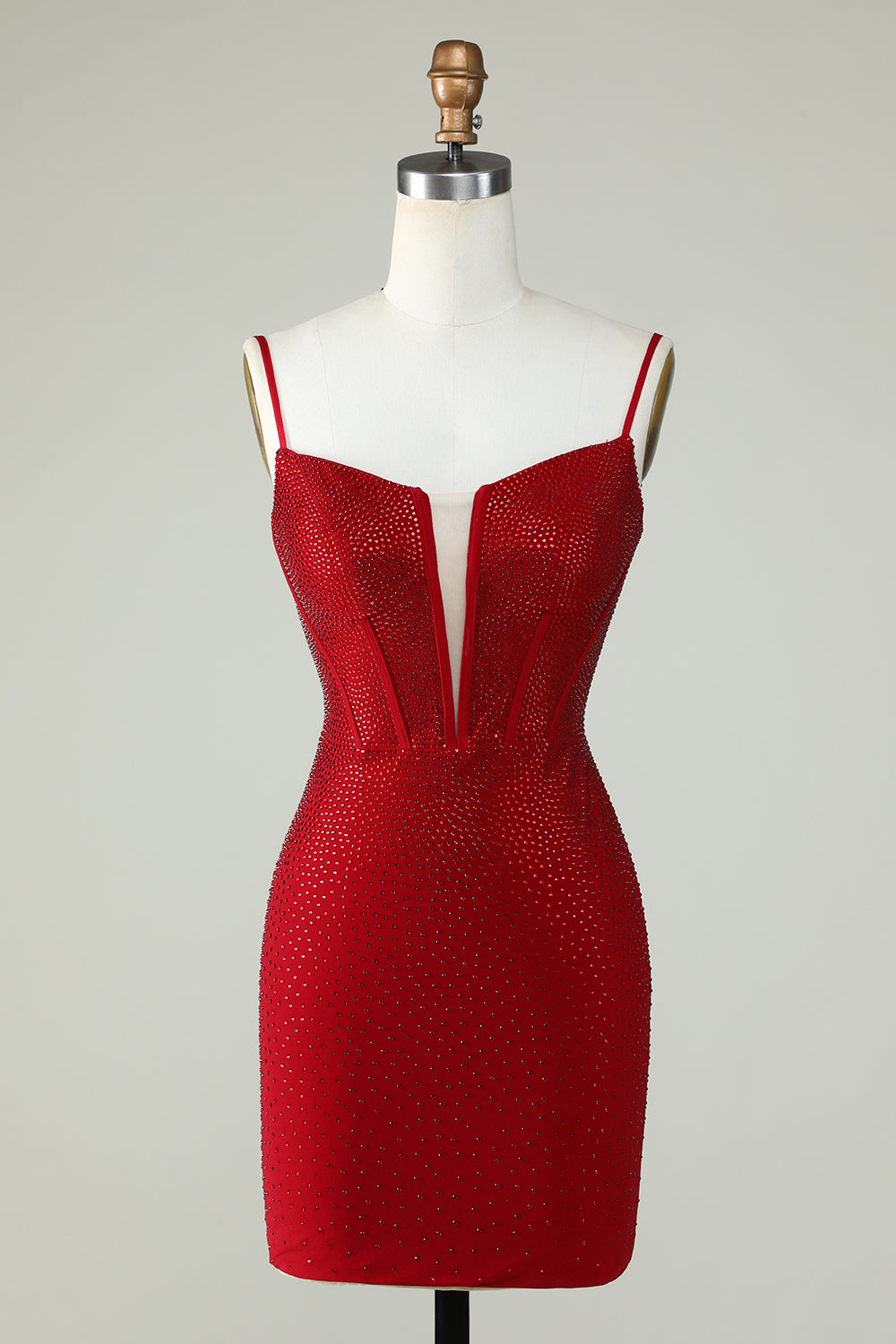Sparkly Bodycon Spaghetti Straps Red Short Cocktail Dress With Beading