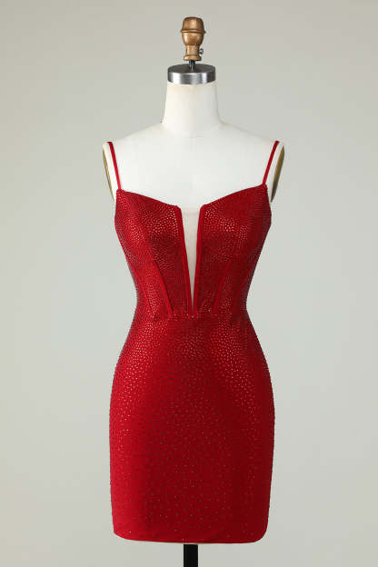 Sparkly Bodycon Spaghetti Straps Red Short Cocktail Dress With Beading