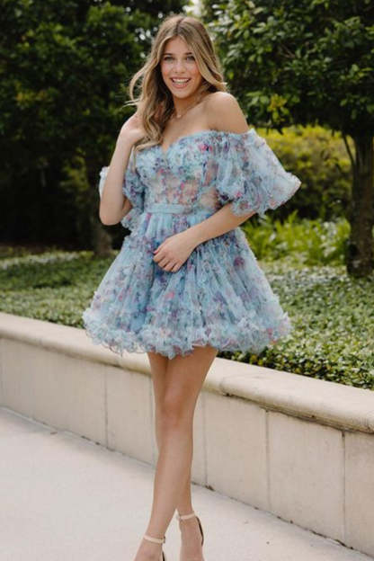 Cute A Line Off The Shoulder Pink Printed Short Cocktail Dress