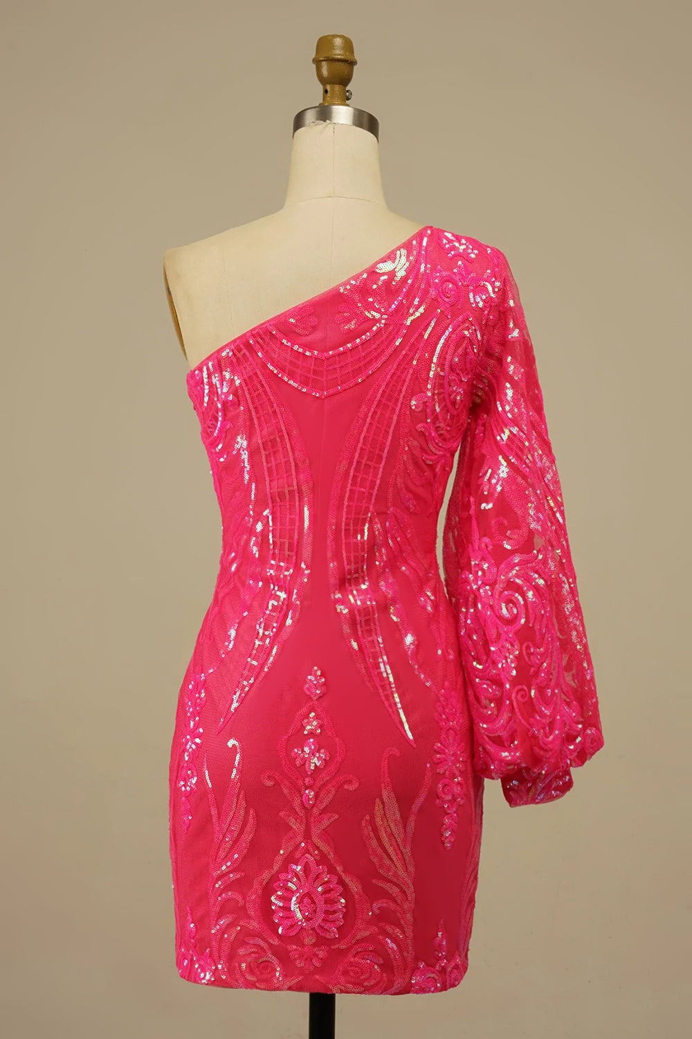 Hot Pink Beaded Sequins One Shoulder Tight Cocktail Dress