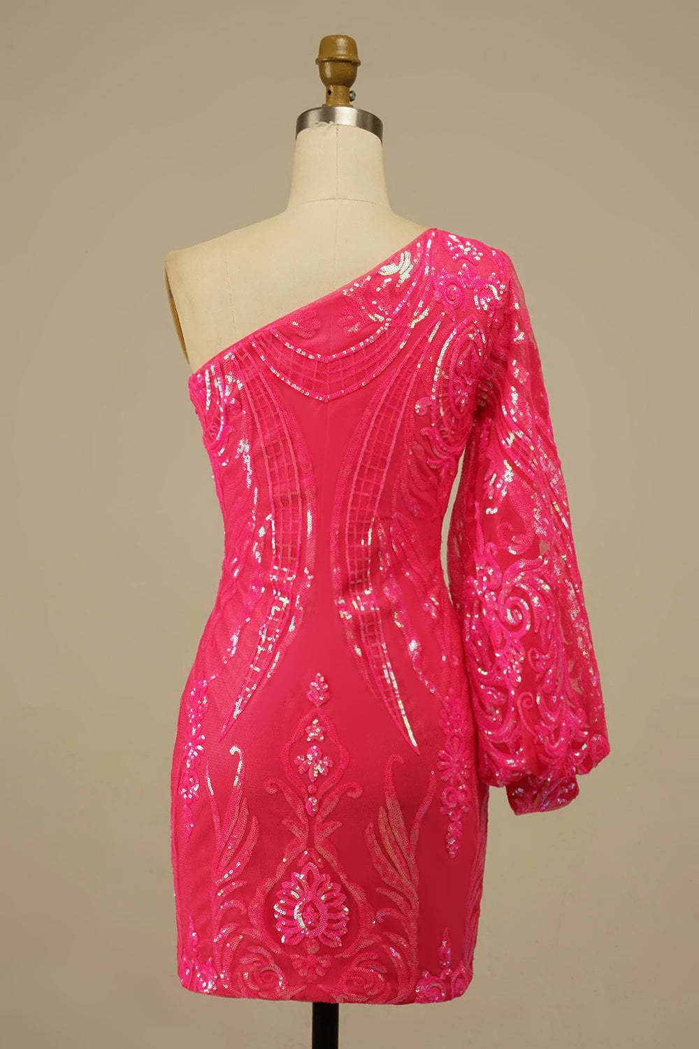 Hot Pink Beaded Sequins One Shoulder Tight Cocktail Dress