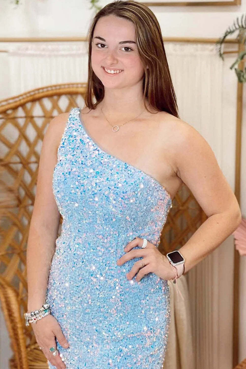 Fuchsia Sequins One Shoulder Cocktail Dress