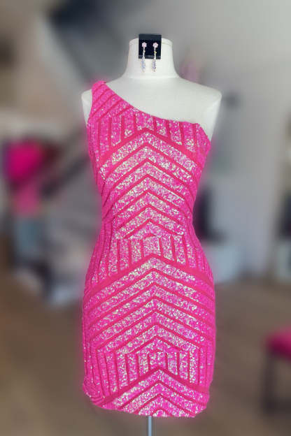 Sheath Fuchsia One Shoulder Sequins Tight Short Cocktail Dress