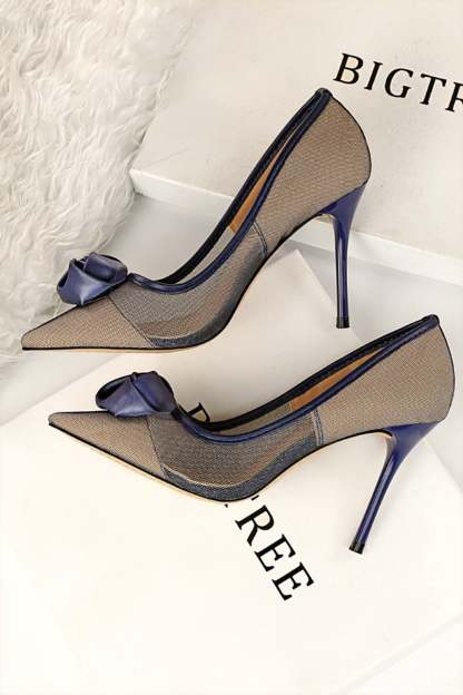 Satin Rose Stiletto Heels with Mesh Hollow Design