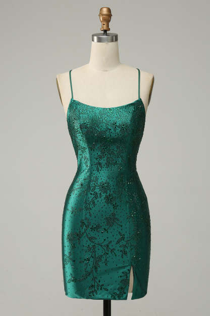 Dark Green Beaded Bodycon Prom Dress With Criss Cross Back