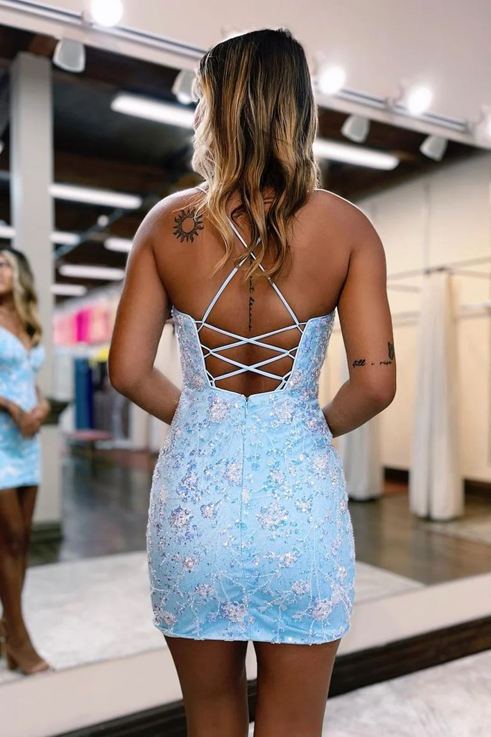 Stylish Bodycon Spaghetti Straps Light Blue Short Cocktail Dress With Beaded
