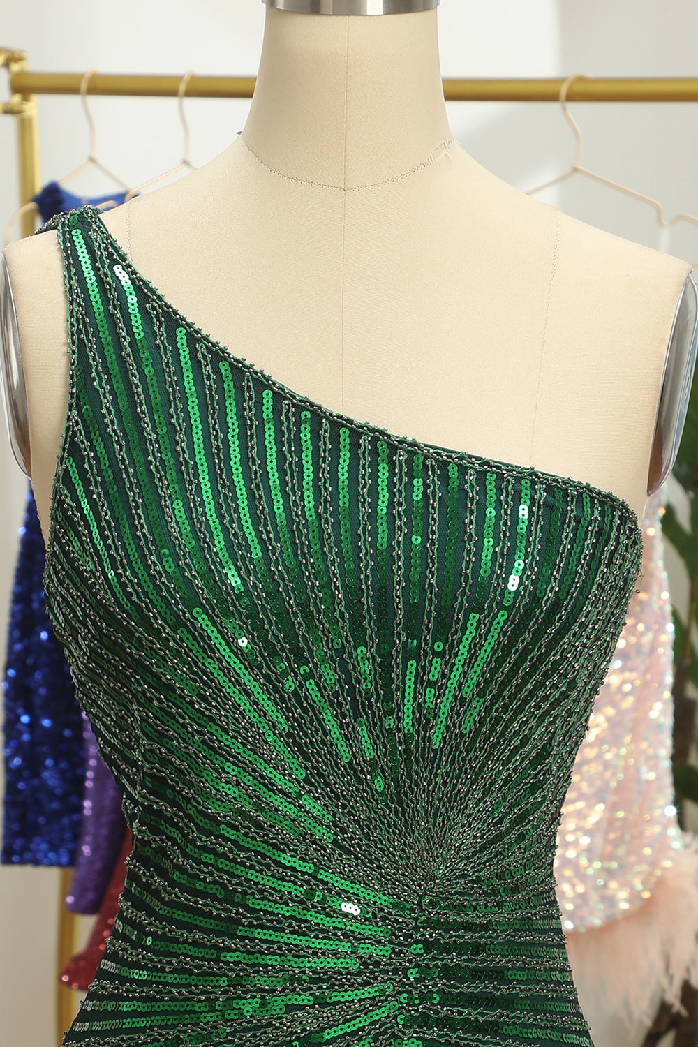 Sparkly Sheath Glitter Green One Shoulder Beaded Tight Cocktail Dress