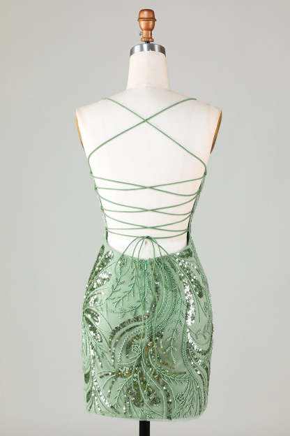 Sparkly Sheath Spaghetti Straps Green Short Cocktail Dress With Criss Cross Back