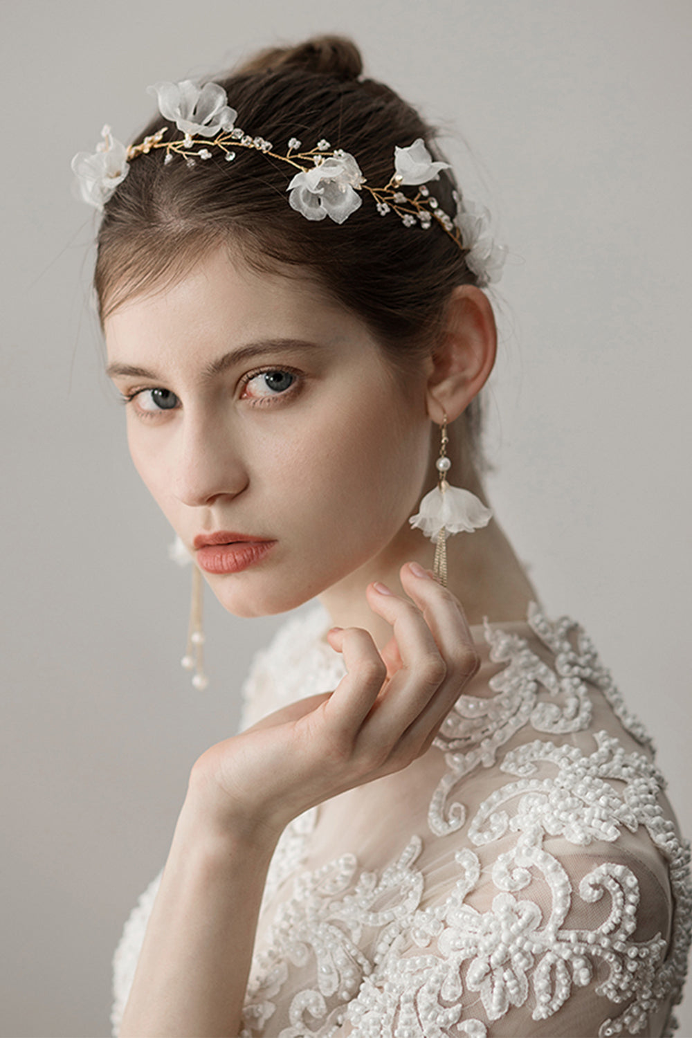 Bridal Headband Earrings with Beaded Flowers