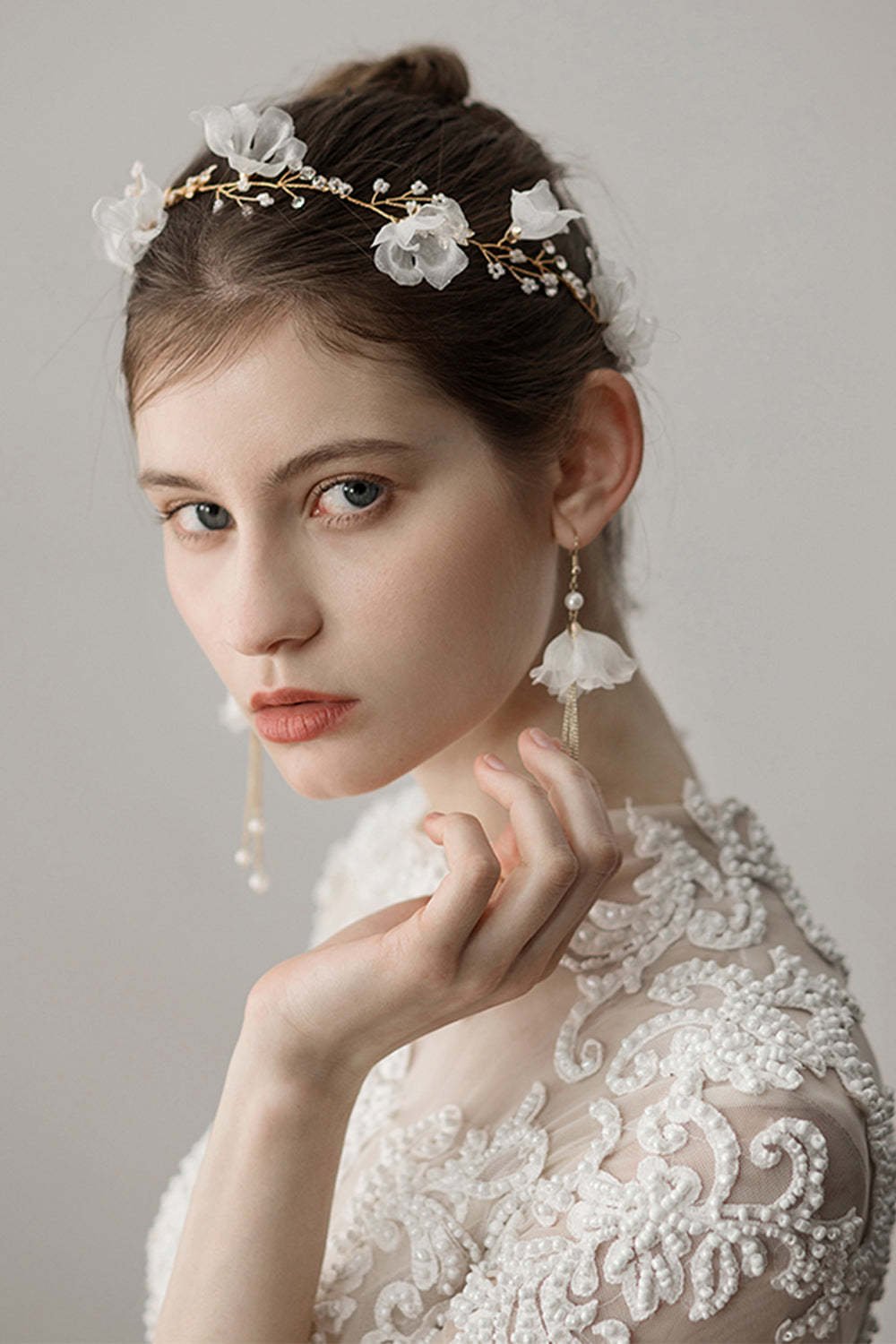 Bridal Headband Earrings with Beaded Flowers