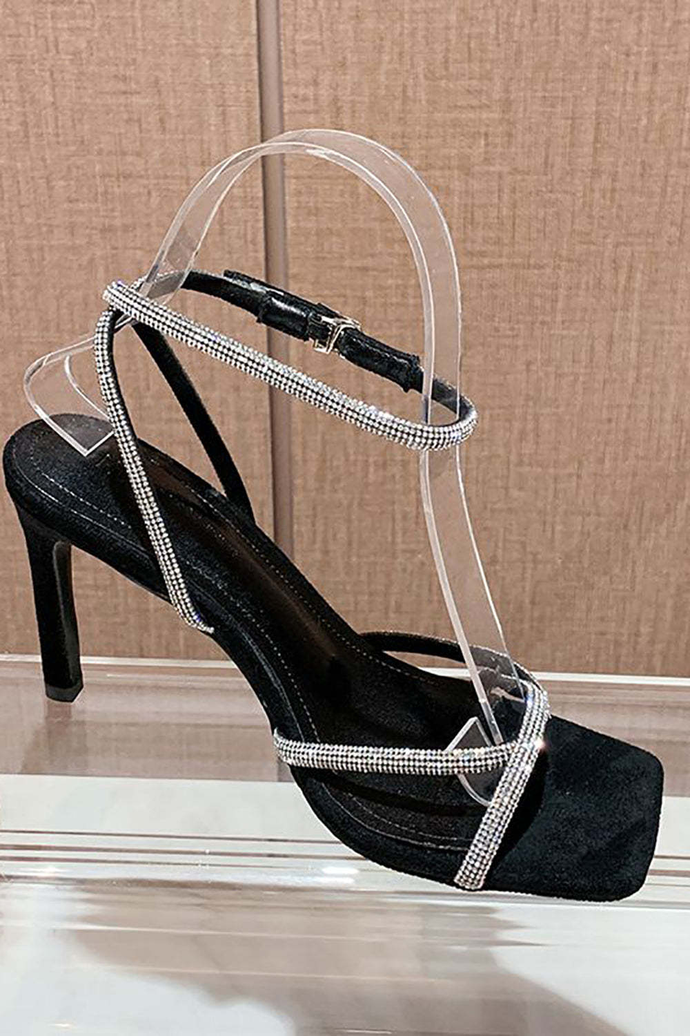 Open Toe Rhinestone Heeled Sandal Pump