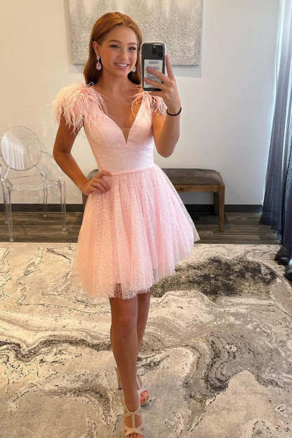 A Line Deep V Neck Light Pink Short Cocktail Dress With Feather