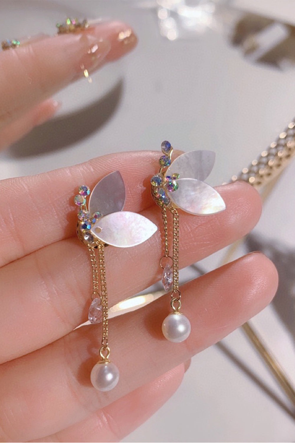 Butterfly Earrings with Freshwater Pearl and Crystal Shell