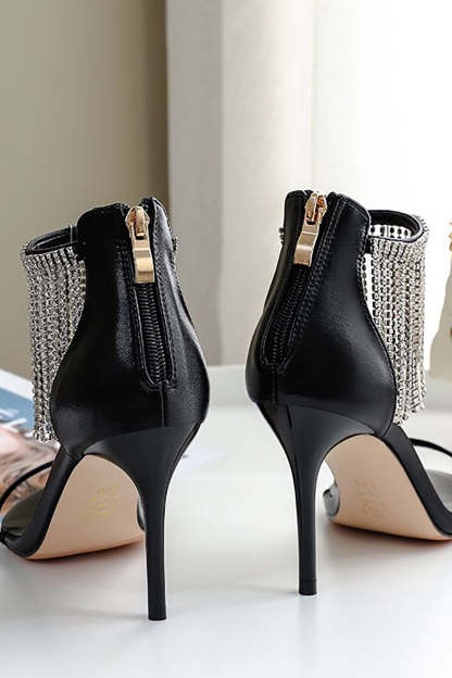 Thick High Heels with Black Rhinestones