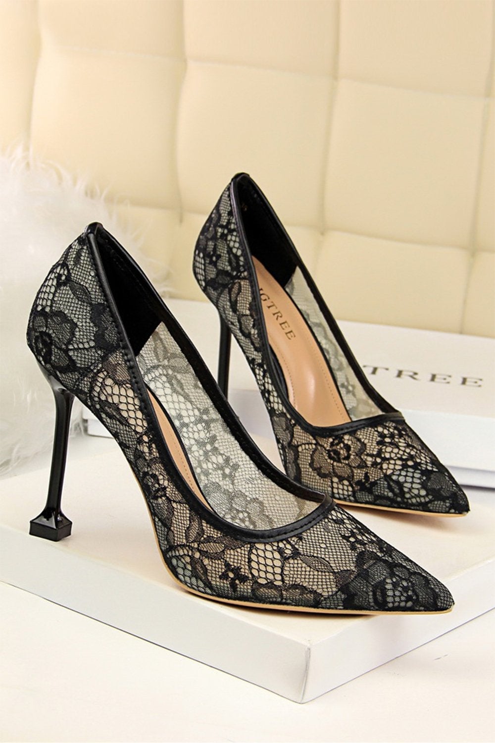Pointy Stiletto Heels in Black Lace