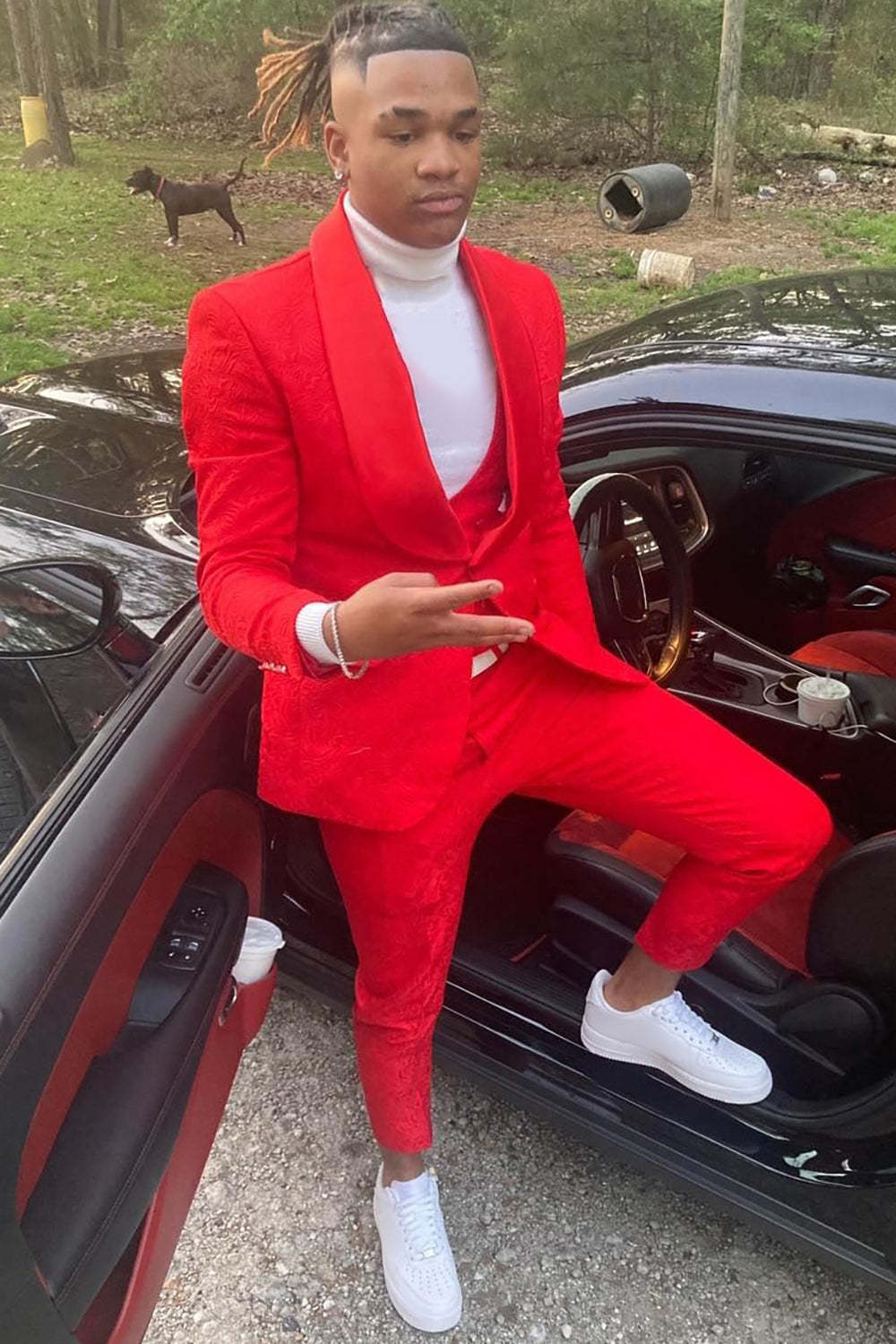 Men's 3 Piece Prom Suits with Red Shawl Lapel