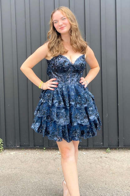 Princess A Line Spaghetti Straps Navy Corset Cocktail Dress With Ruffles