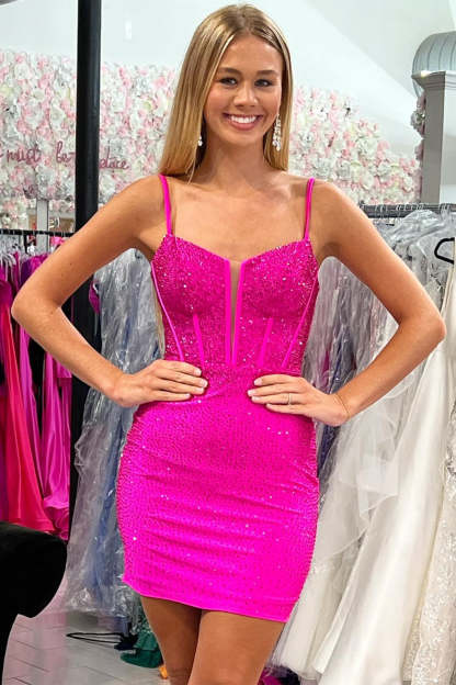 Sparkly Bodycon Spaghetti Straps Red Short Cocktail Dress With Beading