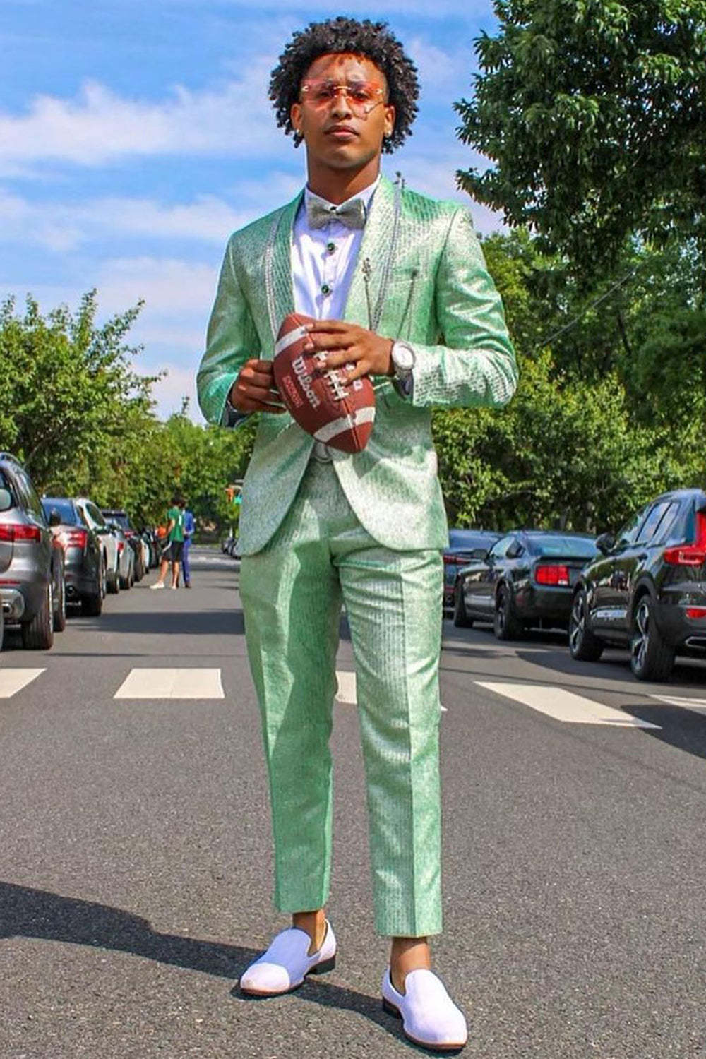 One-Button Men's Prom Suit with Light Green Shawl Lapel