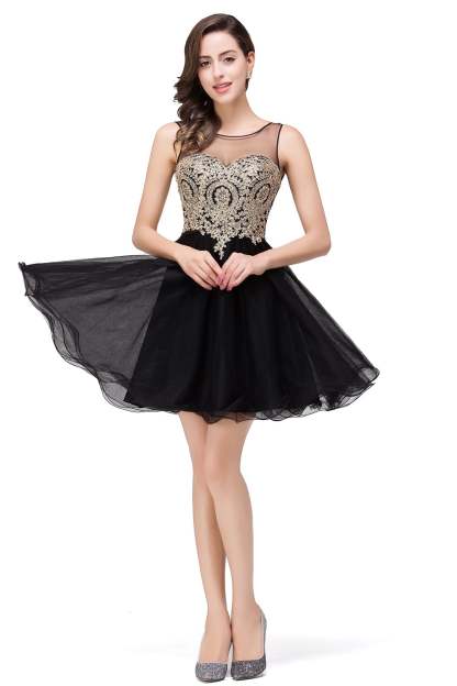 A-line Crew Short Sleeveless Appliques Prom Dresses
