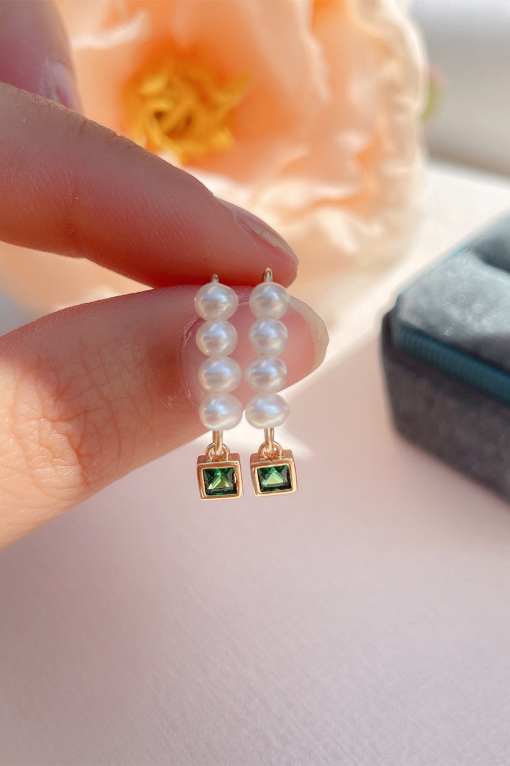 Green Rhinestone Earrings Featuring Natural Pearls