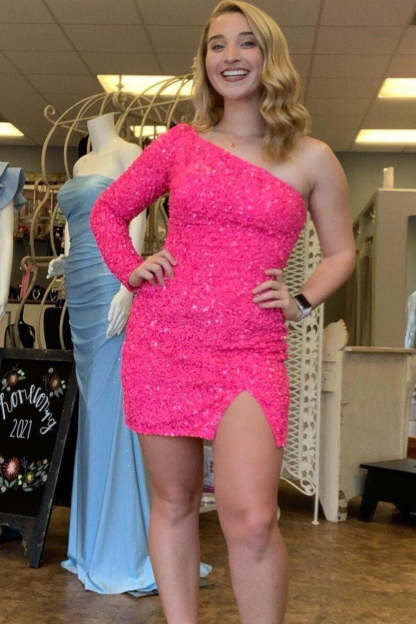 Fuchsia Sequins Cocktail Dress With Sleeves