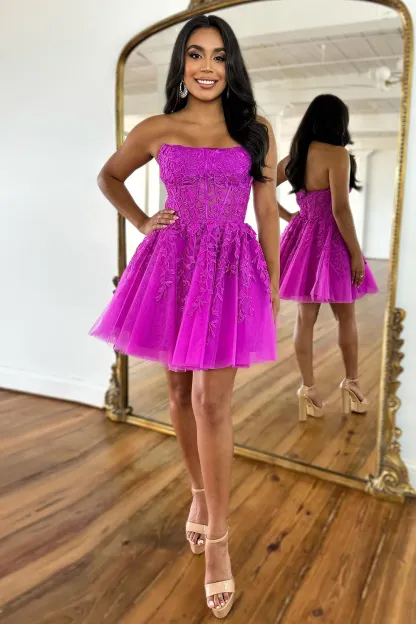 Purple Strapless A Line Tulle Corset Short Cocktail Dress With Appliques