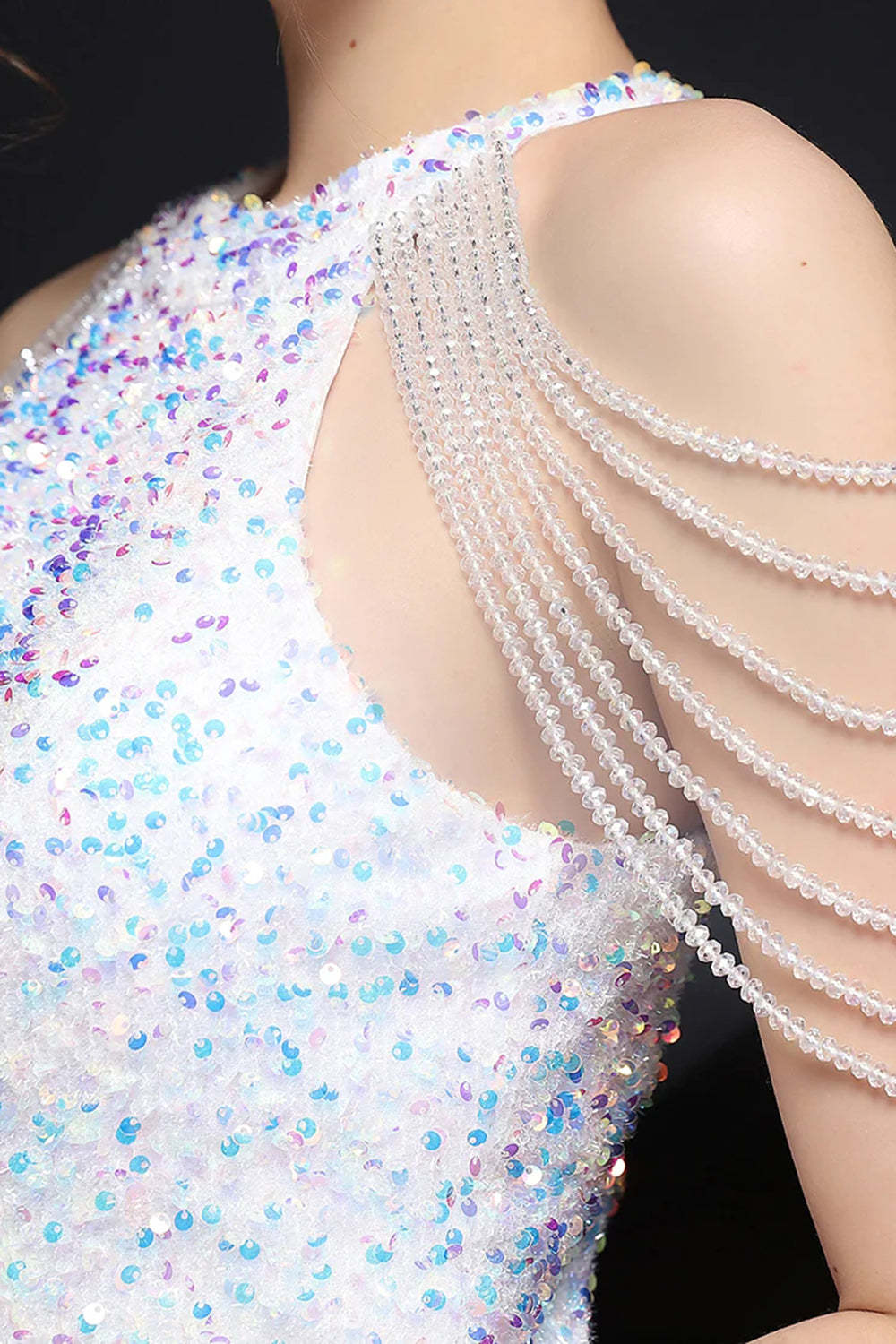 White Spaghetti Straps Sequins Sheath Short Cocktail Dress