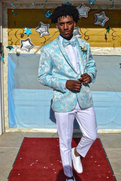 Light Blue Men's Prom Blazer with Shawl Lapel and Jacquard One Button