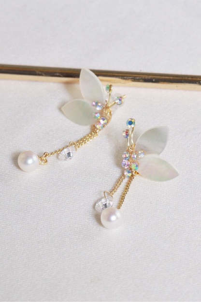 Butterfly Earrings with Freshwater Pearl and Crystal Shell