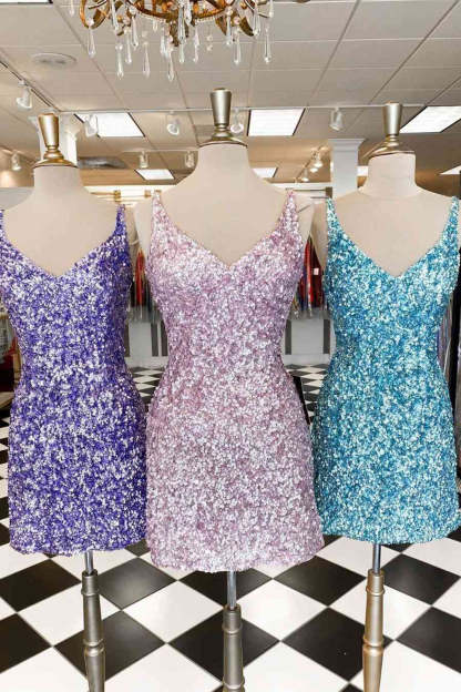 Light Blue Open Back Sequins Tight Cocktail Dress