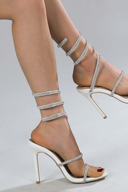 White Stiletto High Heels with Rhinestone Toe