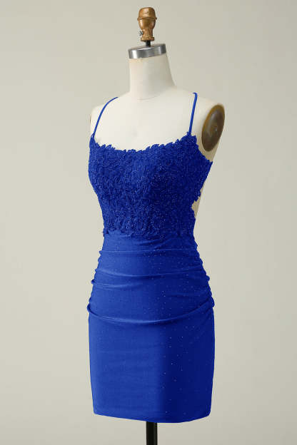 Stylish Sheath Spaghetti Straps Royal Blue Short Cocktail Dress With Appliques