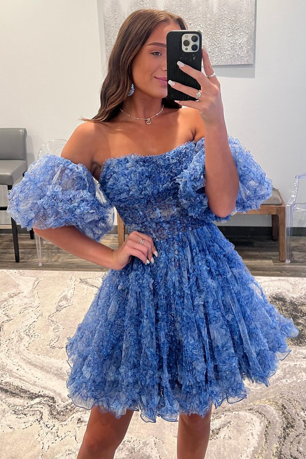 Cute A Line Off The Shoulder Blue Printed Detachable Sleeves Ruffled Short Cocktail Dress