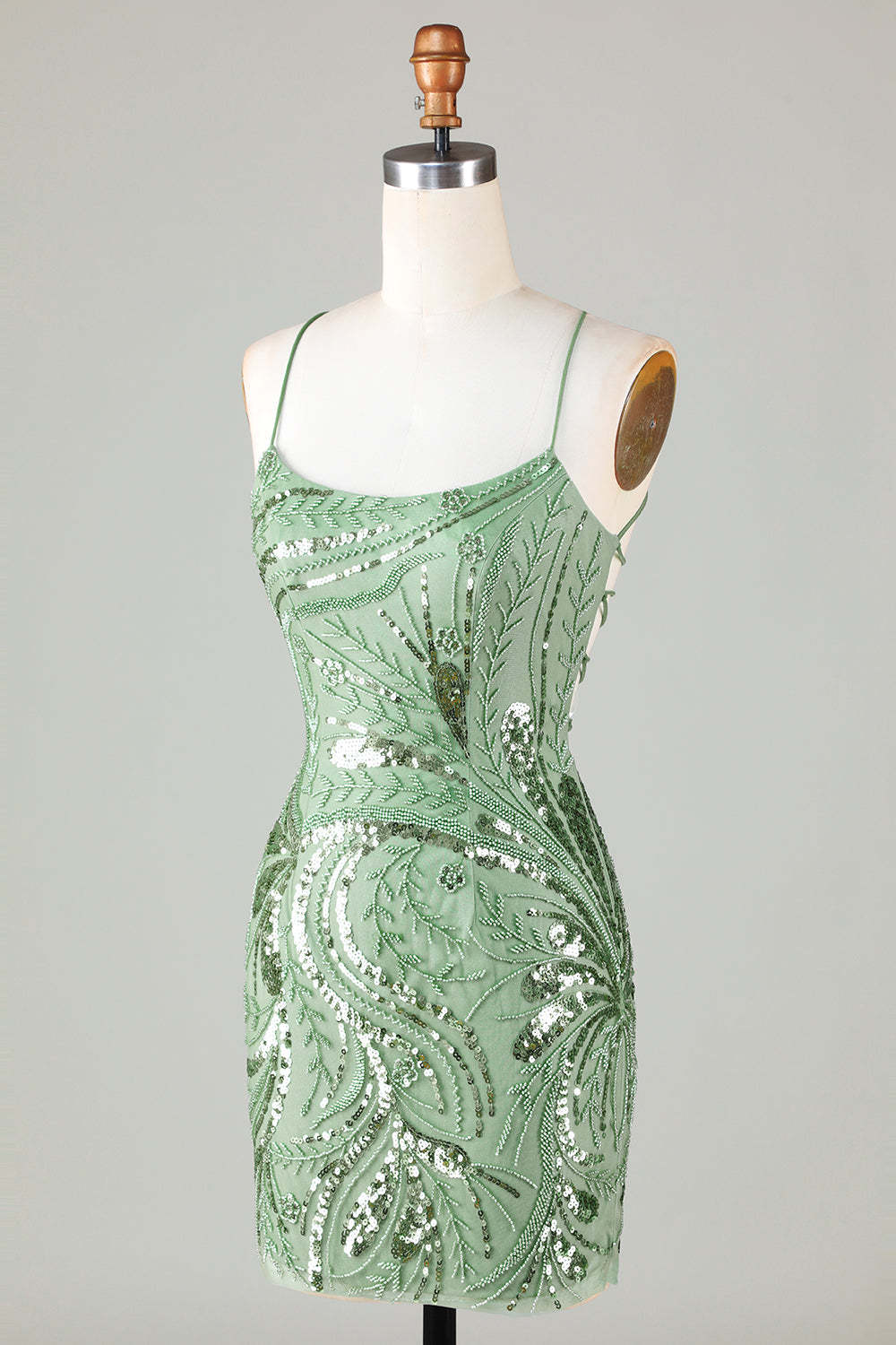 Sparkly Sheath Spaghetti Straps Green Short Cocktail Dress With Criss Cross Back