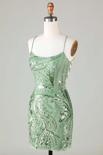 Sparkly Sheath Spaghetti Straps Green Short Cocktail Dress With Criss Cross Back