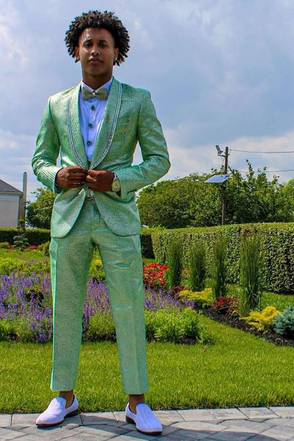 One-Button Men's Prom Suit with Light Green Shawl Lapel