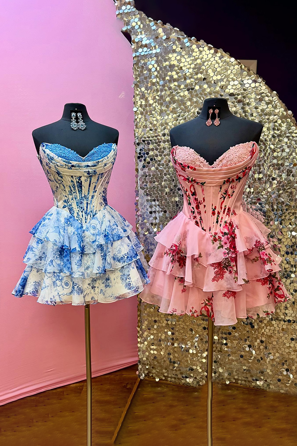Floral Blue Corset A Line Sweetheart Tiered Short Cocktail Dress
