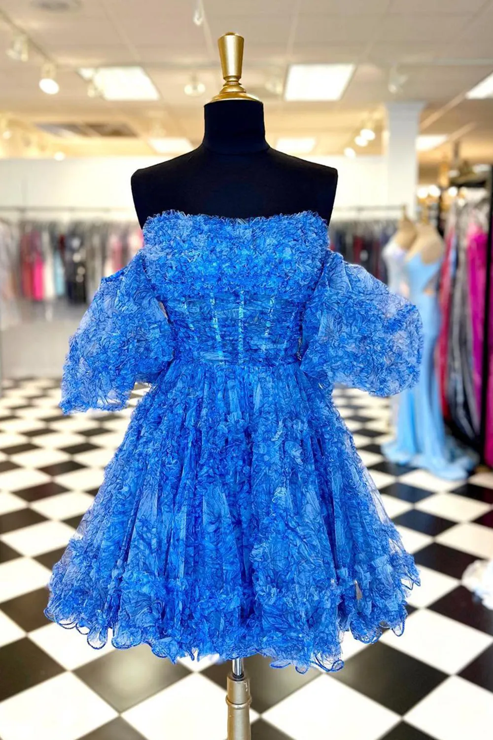 Cute A Line Off The Shoulder Blue Printed Detachable Sleeves Ruffled Short Cocktail Dress