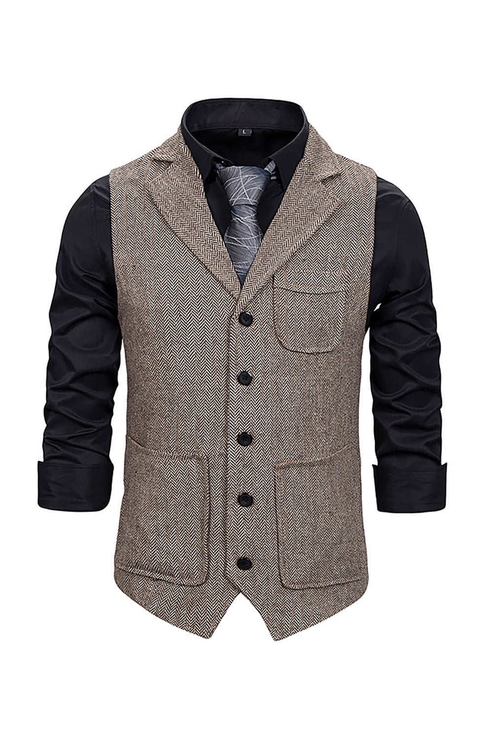 Men's Single Breasted Tweed Vest with Notched Lapel in Brown